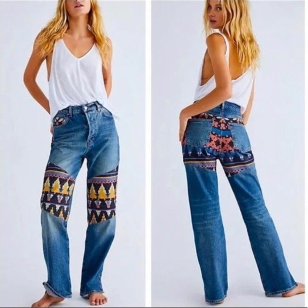 Free People Rocky Mountain straight Jean medium wash with patches size 28 NWT